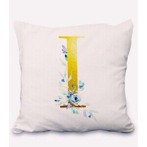 Pillow Covers 18x18” 1 pc Alphabet Linen White/Gold I Blue Floral Boho Cottage